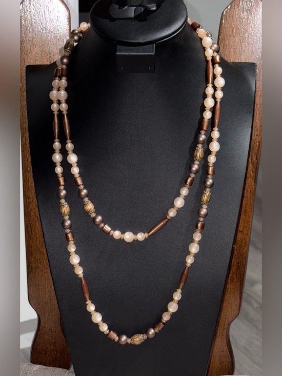 Jewelry - Vintage Judy Lee 56” Long Beaded Necklace Original Hang Tag Neutral Ivory Bronze